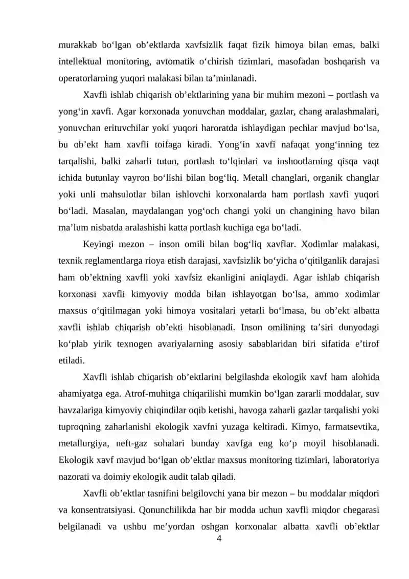 XAVFLI ISHLAB CHIQARISH OBEKTLARINING SANOAT XAVFSIZLIGI TOG'RISIDAGI QONUN BANDLARINI O'RGANISH 4
