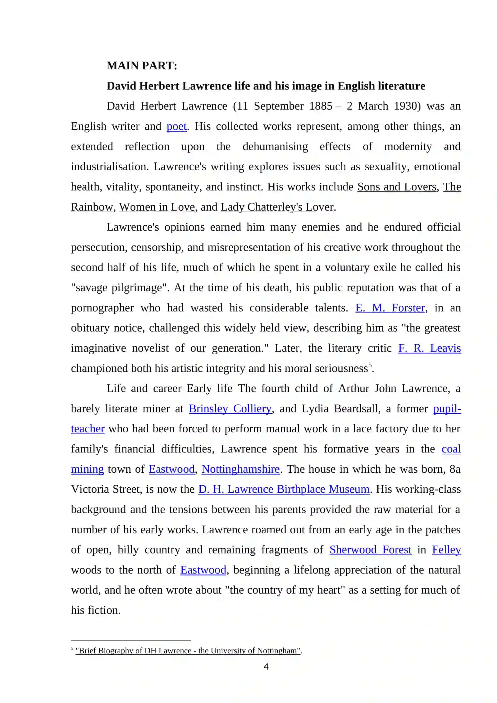 WORKING CLASS CHARACTERS IN THE WORKS OF D. H. LAWRENCE 4