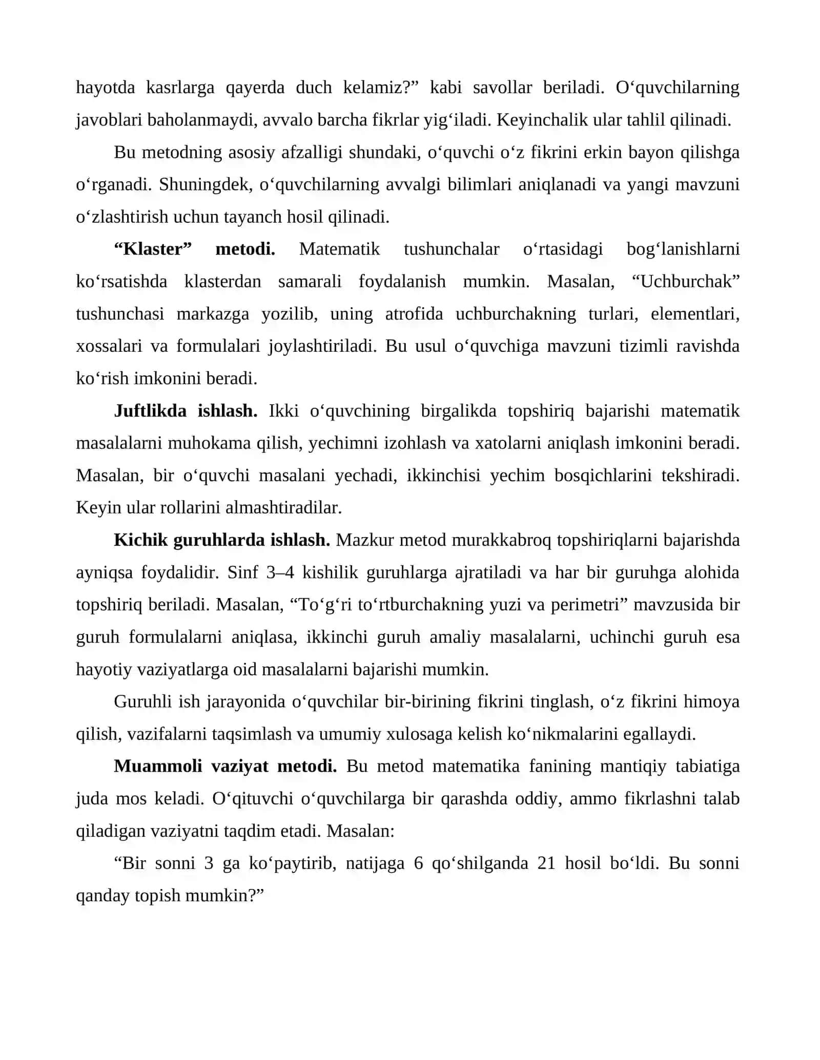 MATEMATIKA DARSLARIDA INTERFAOL METODLARDAN FOYDALANISH SAMARADORLIGI 4