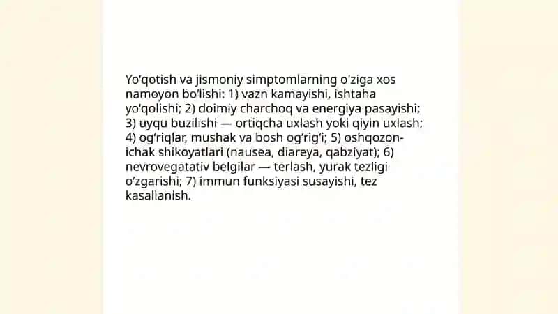 Yoʻqotish, bemor holatini oziga hosligi 4