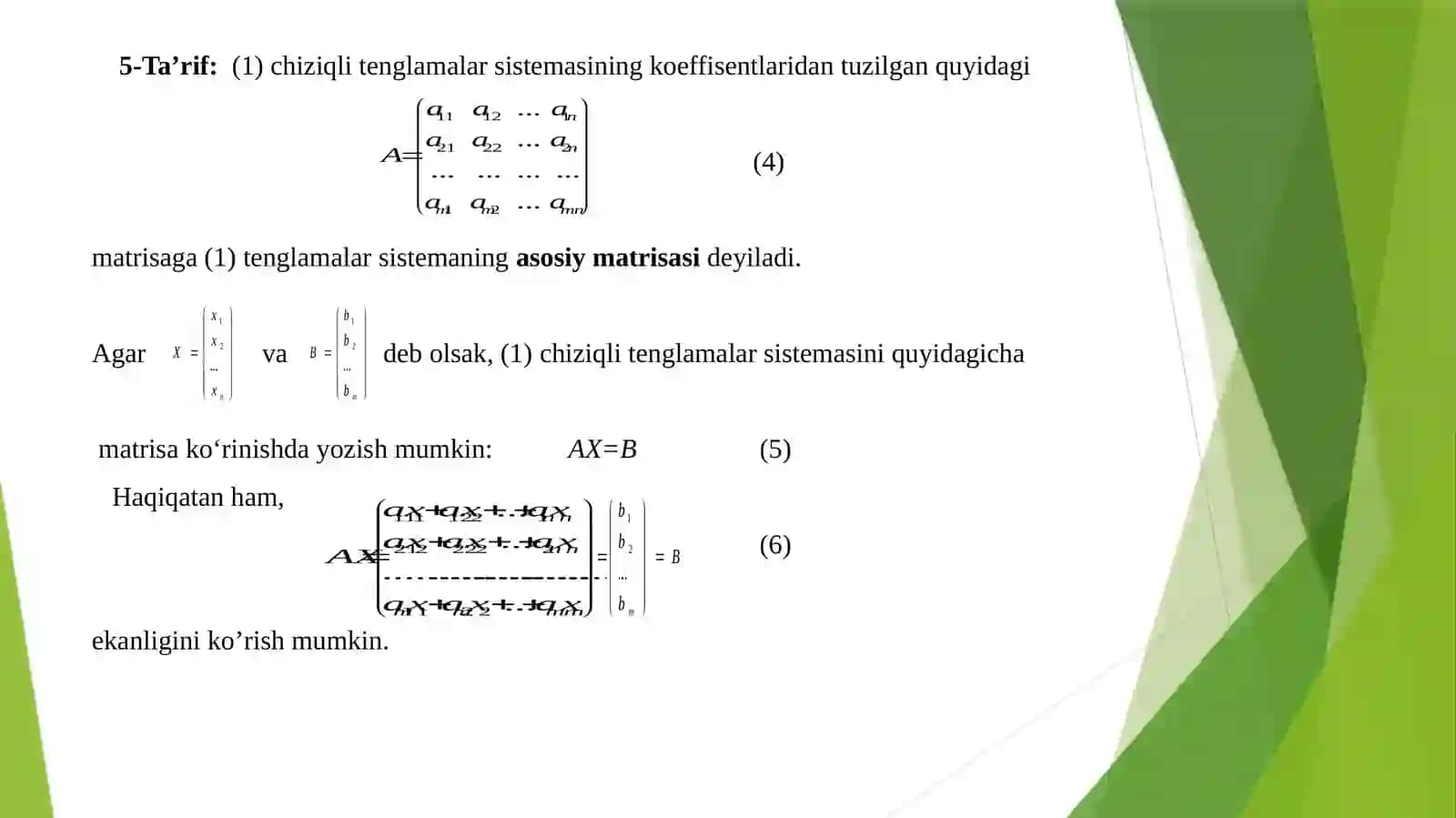 Chiziqli tenglamalar sistemasini yechishning matritsalar usuli 4