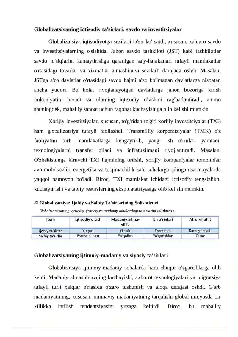 Globalizatsiya: Ta'rifi va Ta'sirlari 4