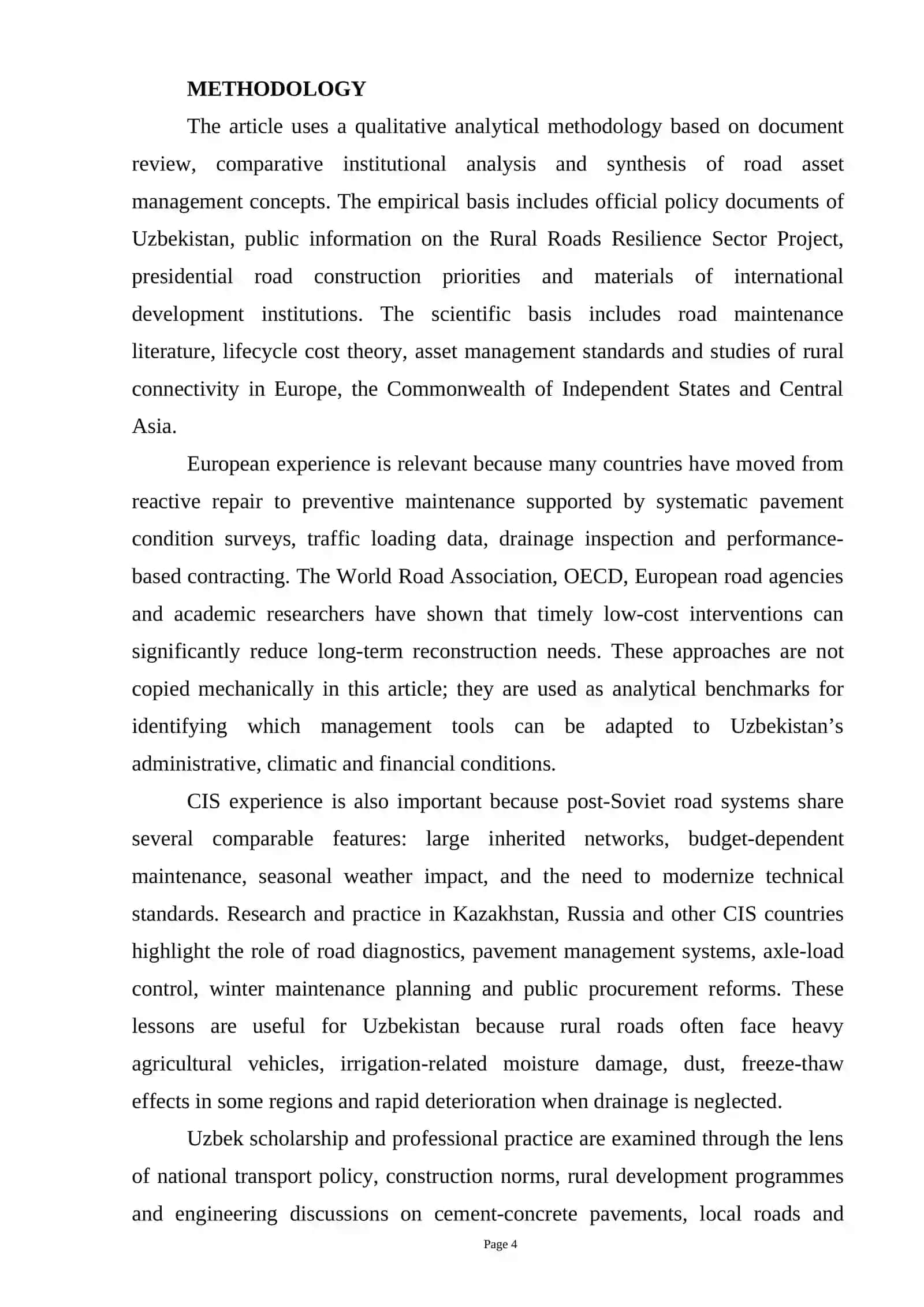 ANALYSIS OF CHALLENGES IN MAINTAINING RURAL ROAD INFRASTRUCTURE IN UZBEKISTAN 4