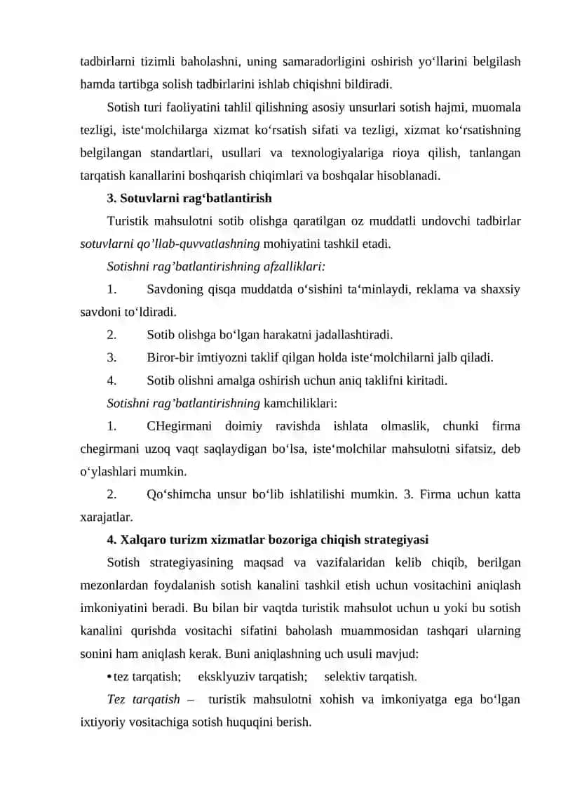 Turistik xizmatlar sotishda raqobat strategiyasini ishlab chiqish 4