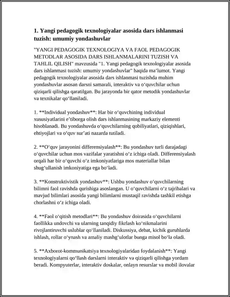 YANGI PEDAGOGIK TEXNOLOGIYA VA FAOL PEDAGOGIK METODLAR ASOSIDA DARS ISHLANMALARINI TUZISH VA TAHLIL QILISH 4