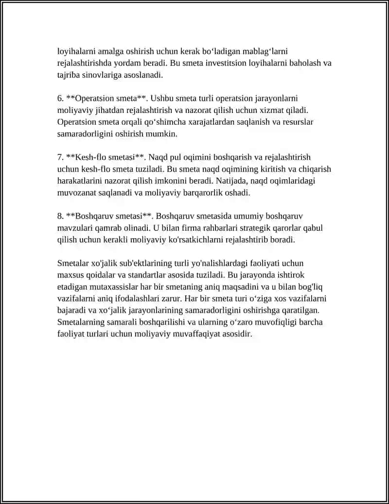 SMETA TURLARI VA XO‘JALIK YURITUVCHI SUBYEKT FAOLIYATI TURLARI BO‘YICHA SMETALARNI SHAKLLANTIRISH 4