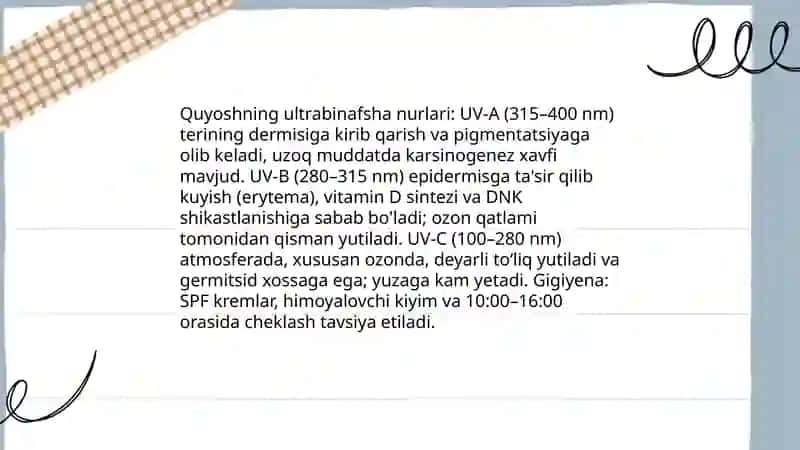 Iqlim va inson salomatligi. Quyosh radiatsiyasi va uning gigiyenik ahamiyati. 4