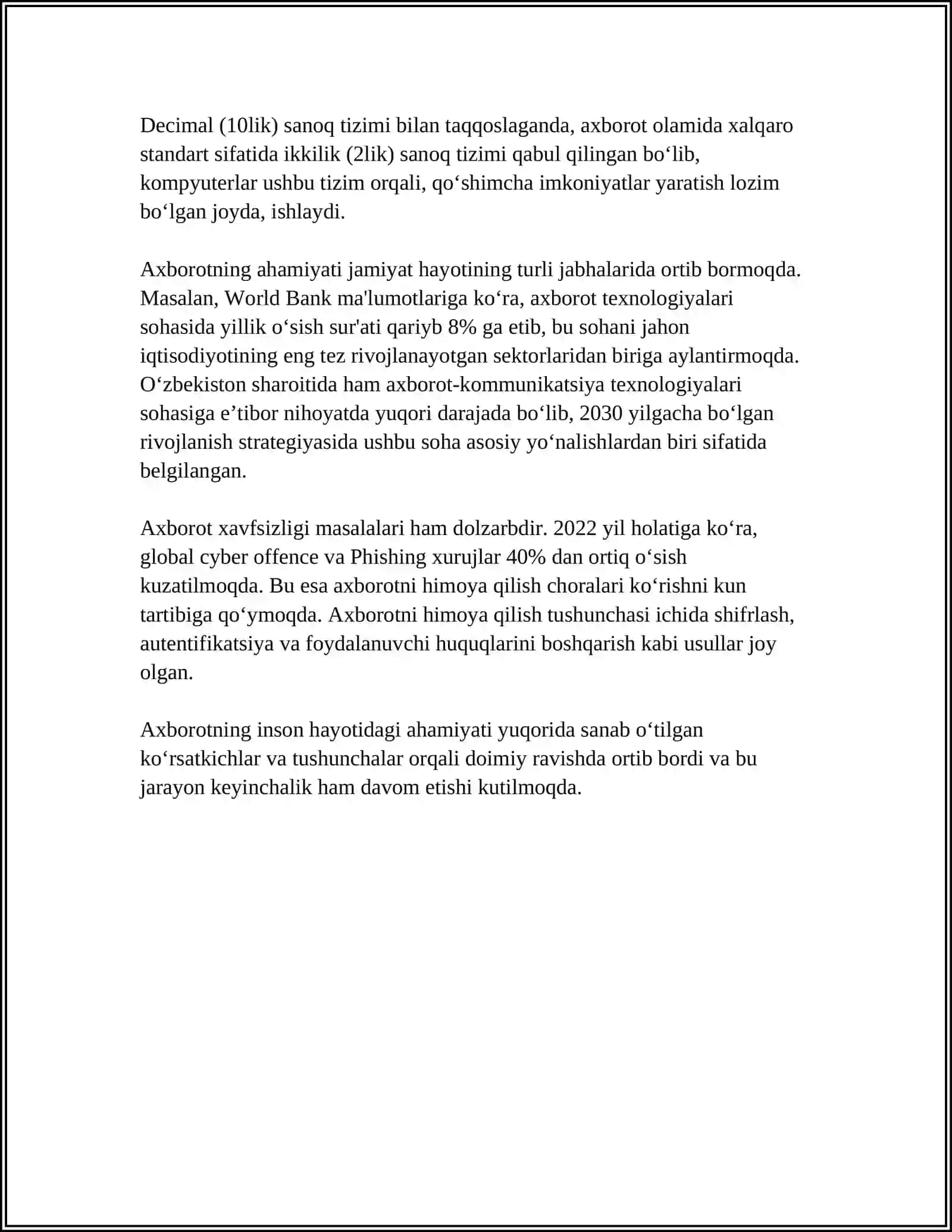 AXBOROT TUSHUNCHASI, AXBOROT TURLARI VA ULARNING KLASSIFIKATSIYASI 4