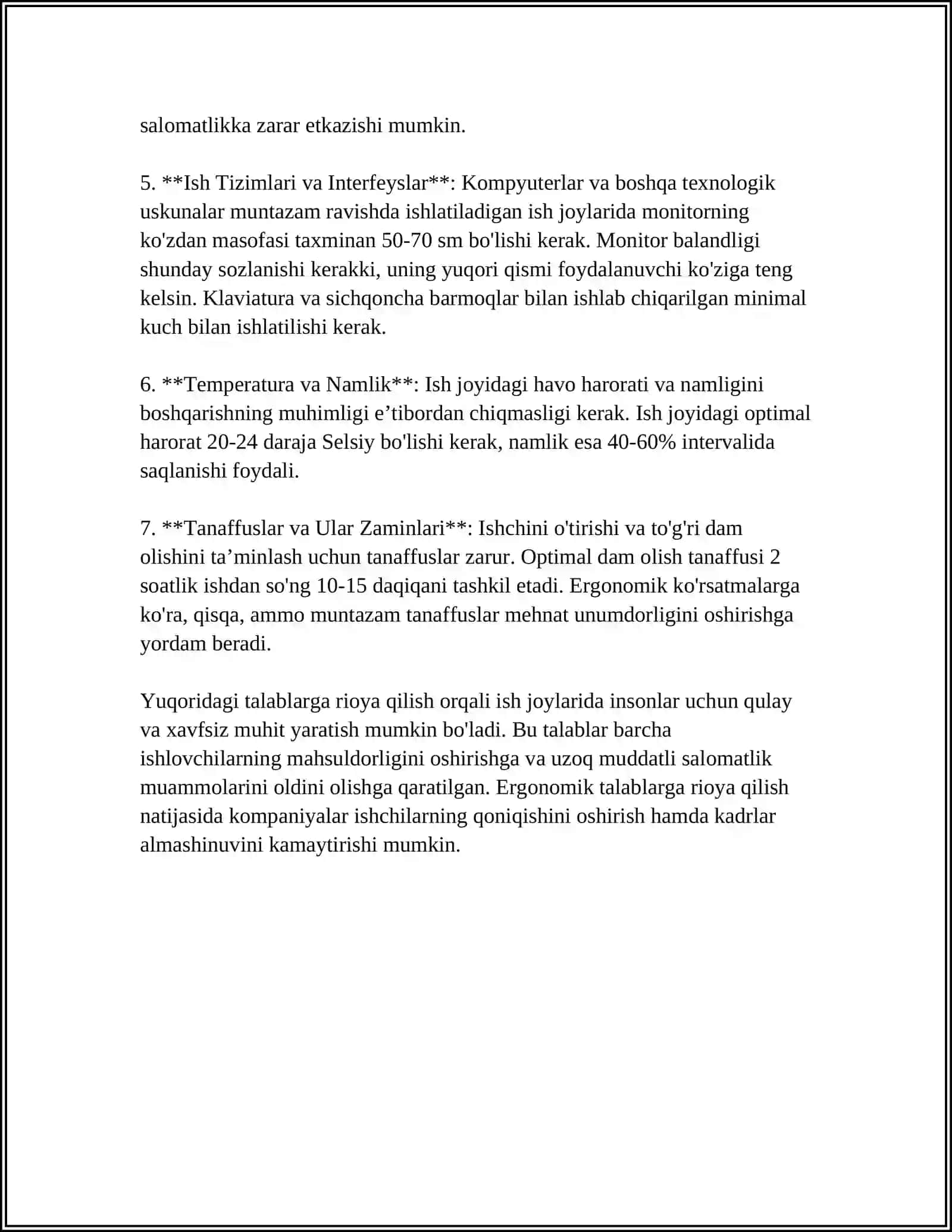 ERGONOMIKA.OPERATORNING JOYIGA QO‘YILGAN TALABLAR 4