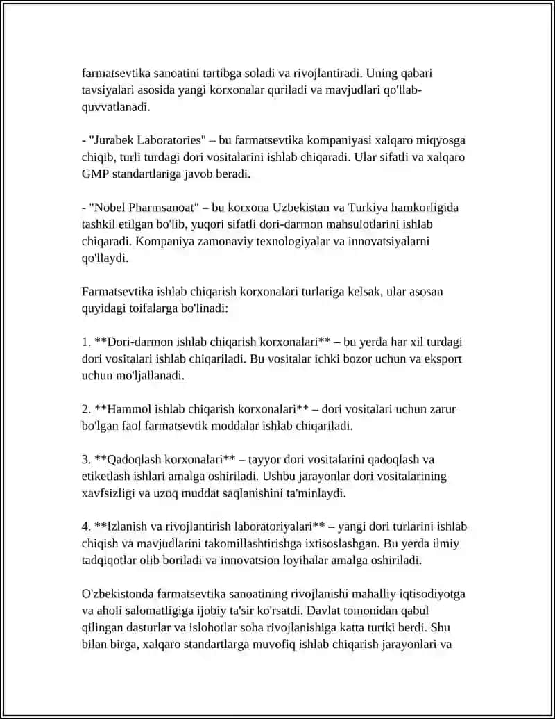 O’ZBEKISTONDA FARMASEVTIK ISHLAB CHIQARISH KORXONALARI VA ULARNING TURLARI 4