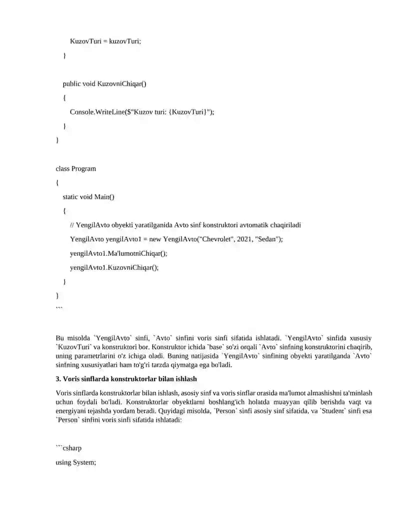 C# dasturlash tilida vorislik tamoyili haqida tushuncha bering 4