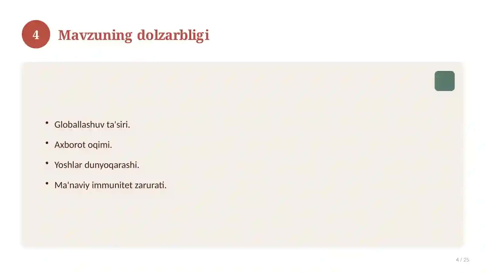 TAQDIMOT YOSHLARNING MA'NAVIY KAMOLOTGA YETKAZISHDA DINNING O‘RNI 4