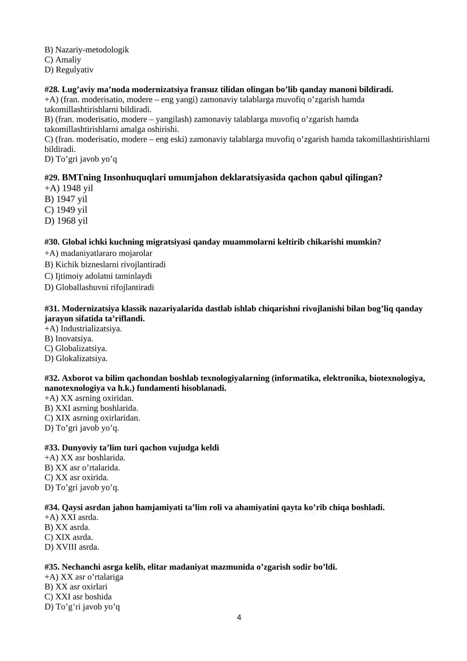 Globallashuv asoslari fanidan test savollari 4