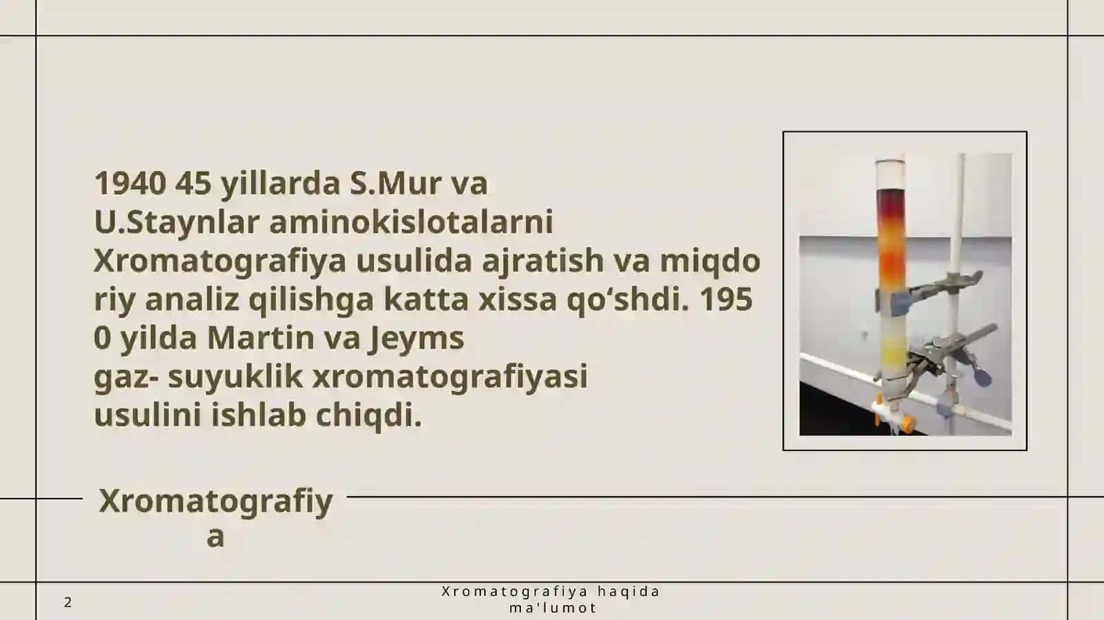 Xromatografiya (xromo... va...grafiya) — gaz, suyuklik yoki erigan moddalar aralashmasini adsorbsion 4
