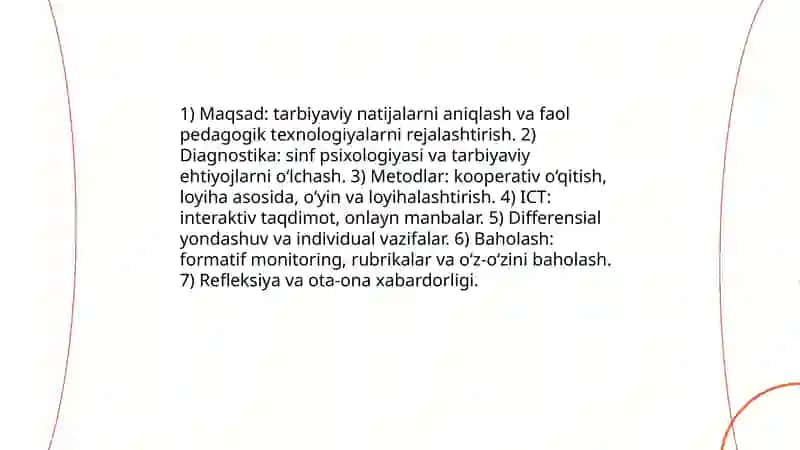Sinf rahbarining tarbiyaviy faoliyati samaradorligini oshirish usullari ochiq dars ishlanmasi 4