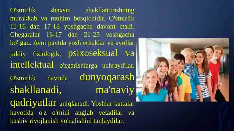O‘SMIRLIK DAVRIDA PSIXIK RIVOJLANISH XUSUSIYATLARI 4