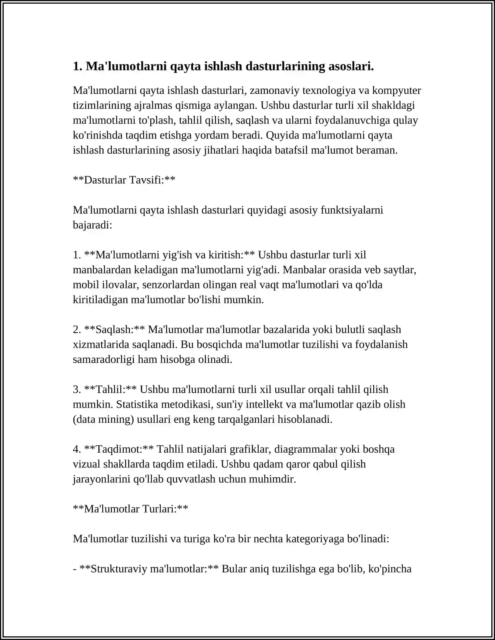 MA’LUMOTLARNING HAR XIL TURLARINI QAYTA ISHLASH DASTURLARINI TUZISH. ALGORITMLARNING TURLARI. UMUMIY KO’RINISHDAGI MA'LUMOTLAR TUZILMALARINI HOSIL QILISH. REKURSIV MISOLLARNI TAHLIL QILISH. REKURSIV ALGORITMLARNI DASTURINI ISHLAB CHIQISH. MA’LUMOTLARNI QIDIRISH ALGORITMLAR VA DASTURLARINI ISHLAB CHIQISH. MA’LUMOT TUZILMALARINI XESHLASH ALGORITMLARI YORDAMIDA HOSIL QILISH. MA’LUMOTLARNI SARALASH ALGORITMLAR VA DASTURLARINI ISHLAB CHIQISH 4
