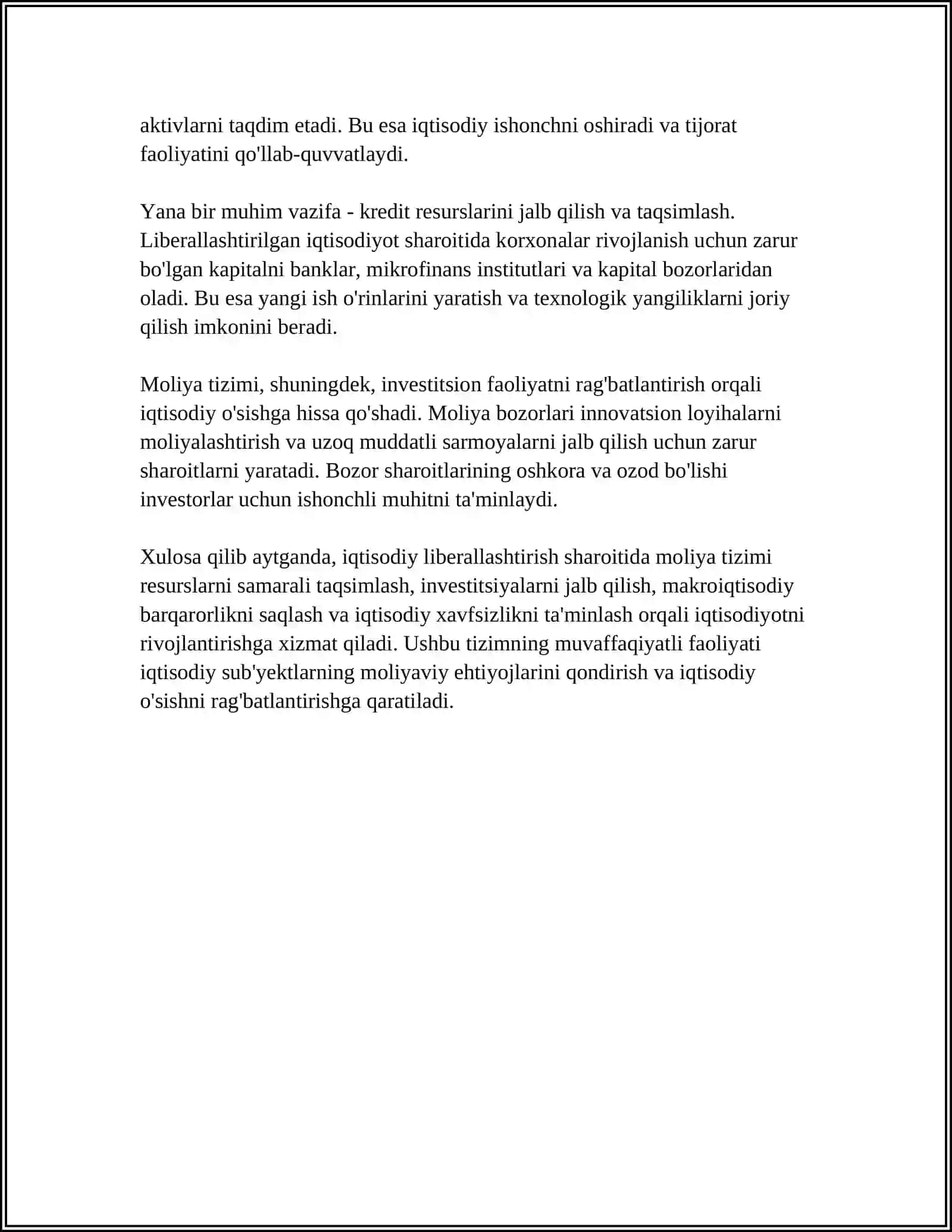 IQTISODIYOTNI LIBERALLASHTIRISH SHAROITIDA MOLIYA TIZIMINING MOHIYATI VA O'ZIGA XOS XUSUSIYATLARI 4