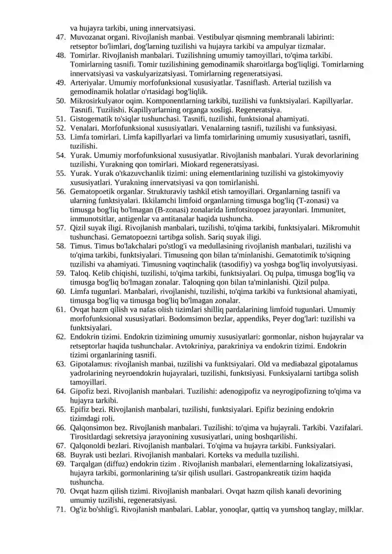 Gistologiya, sitologiya, embriologiya fanidan 2025-2026-o’quv yili kuzgi semestrida o’tkaziladigan yakuniy nazorat savollari banki 4