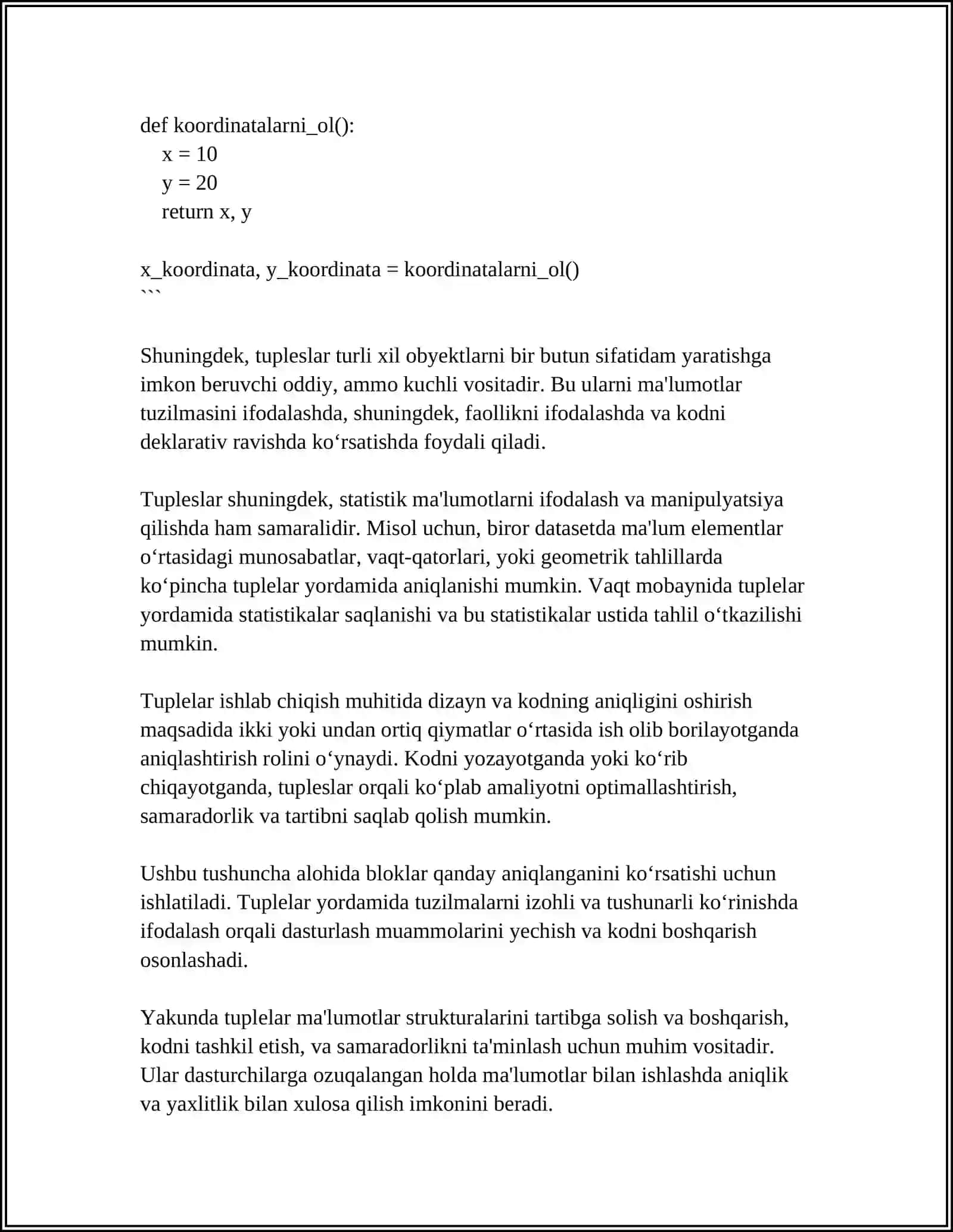 TUPLES O'ZGARMAS RO'YXATLAR BILAN ISHLASH 4
