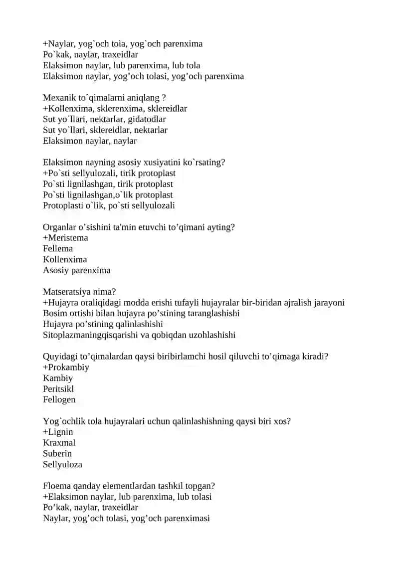 Botanika va o'simliklar fiziologiyasi test 4
