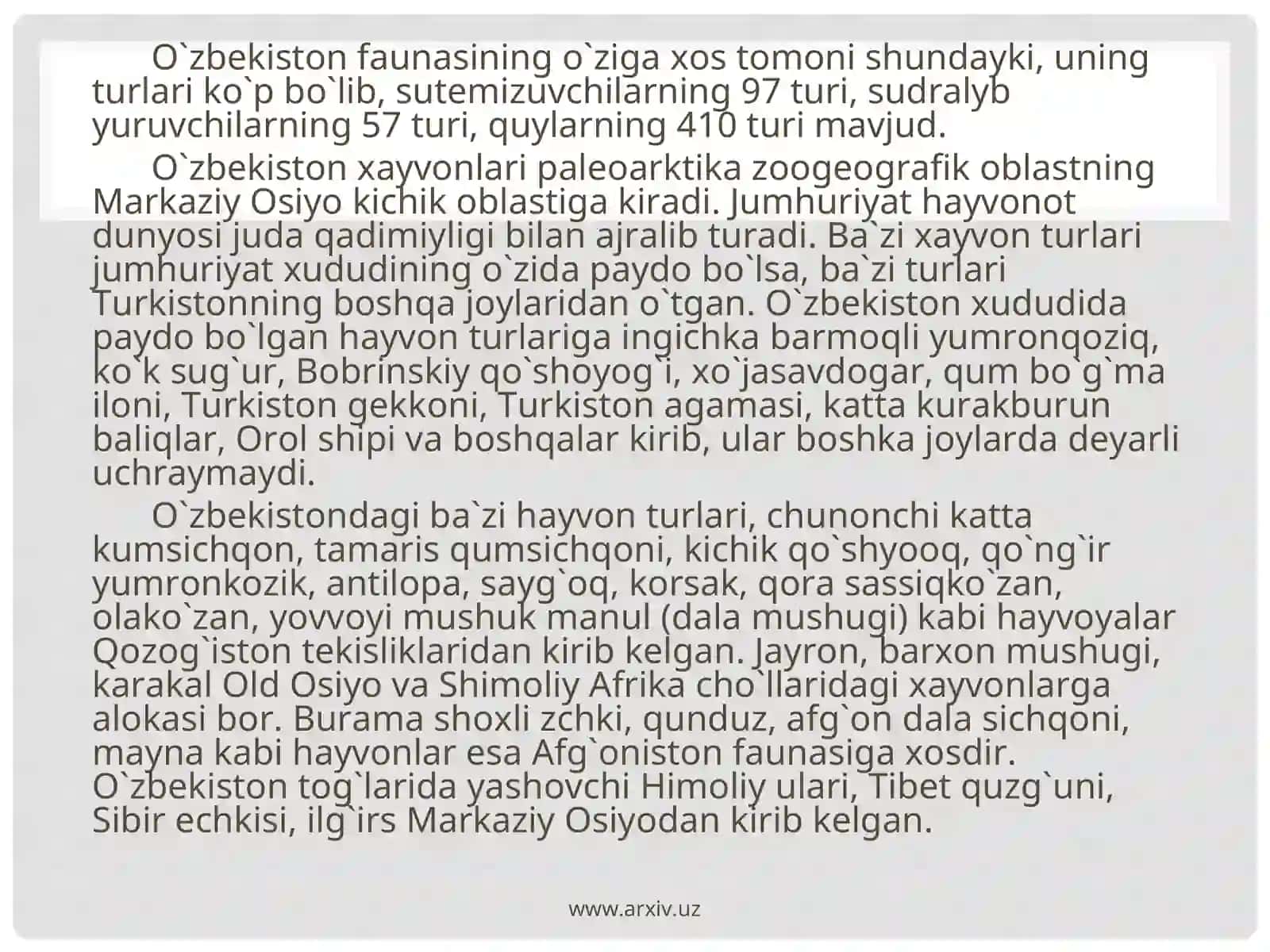 O`ZBEKISTON HAYVONOT DUNYOSINI MUHOFAZA QILISH 4