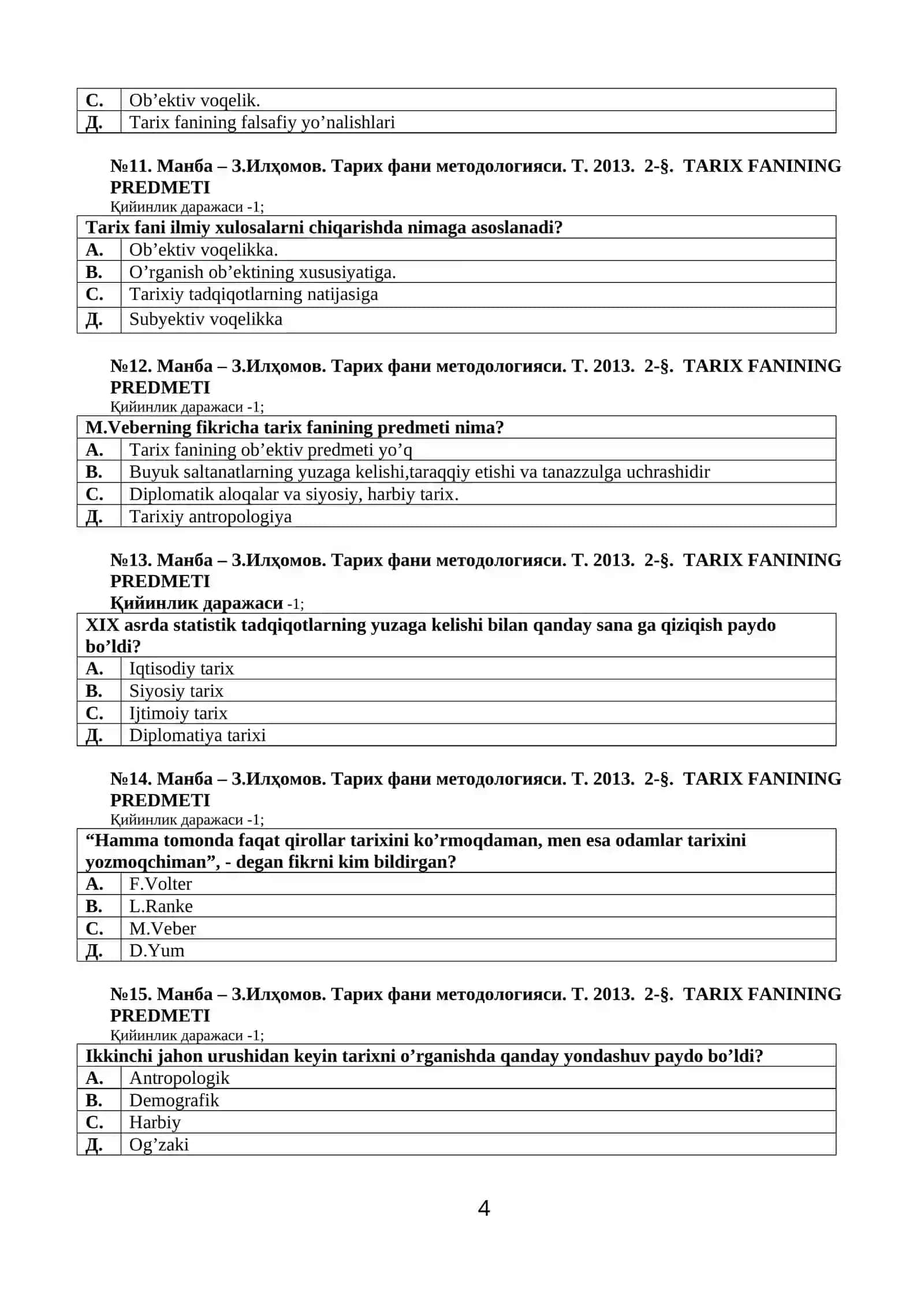 «TARIX FANI METODOLOGIYASI» FANIDAN TEST SAVOLLARI 4
