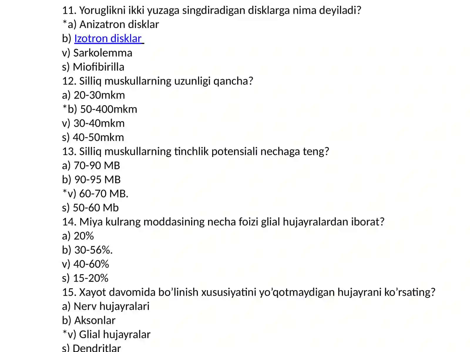 Odam fiziologiyasi sifanidagi testlar 4