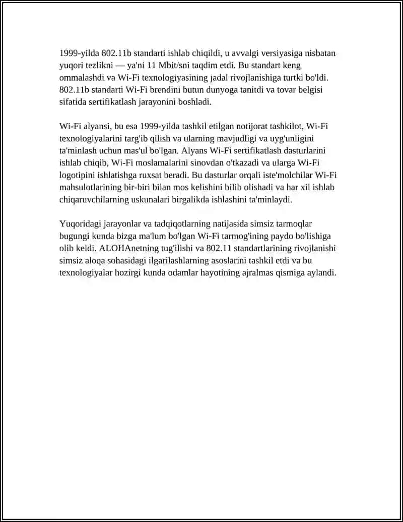 WI-FI TEXNOLOGIYASINING TARIXI. WI-FI TEXNOLOGIYASINI SERTIFIKATLASHTIRISH 4