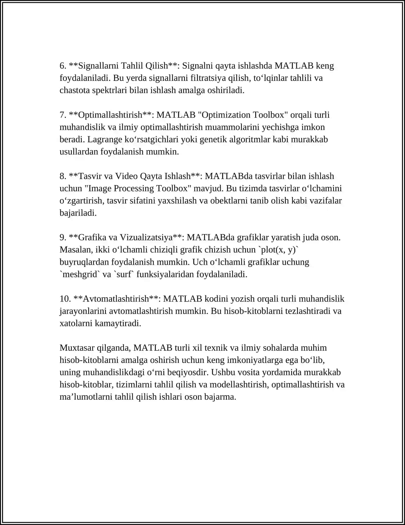 MATLAB DASTURINI TEXNIK SOHALARDA QO‘LLASH 4