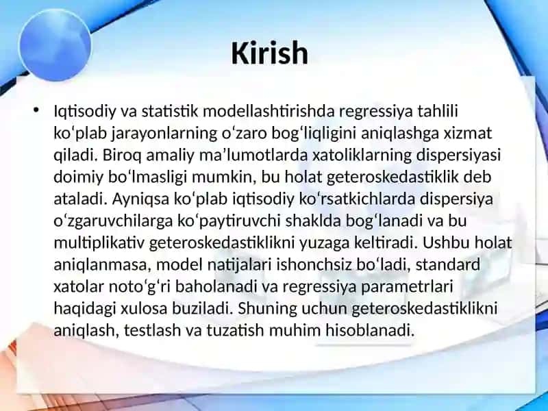 Multiplikativ geteroskedastiklik. Geteroskedastiklikni testlashtirish. 4