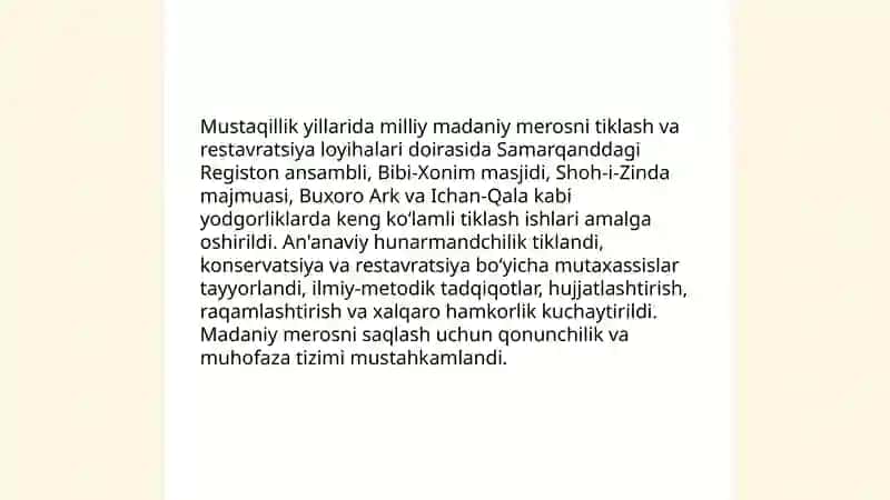 Mustaqillik yillarida O'zbekistondagi madaniy va ma'naviy taraqqiyot 4