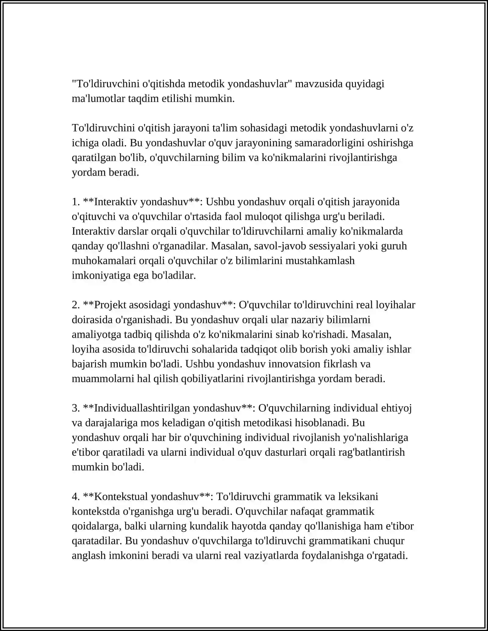 TO‘LDIRUVCHINI O'QITISH METODIKASI 4