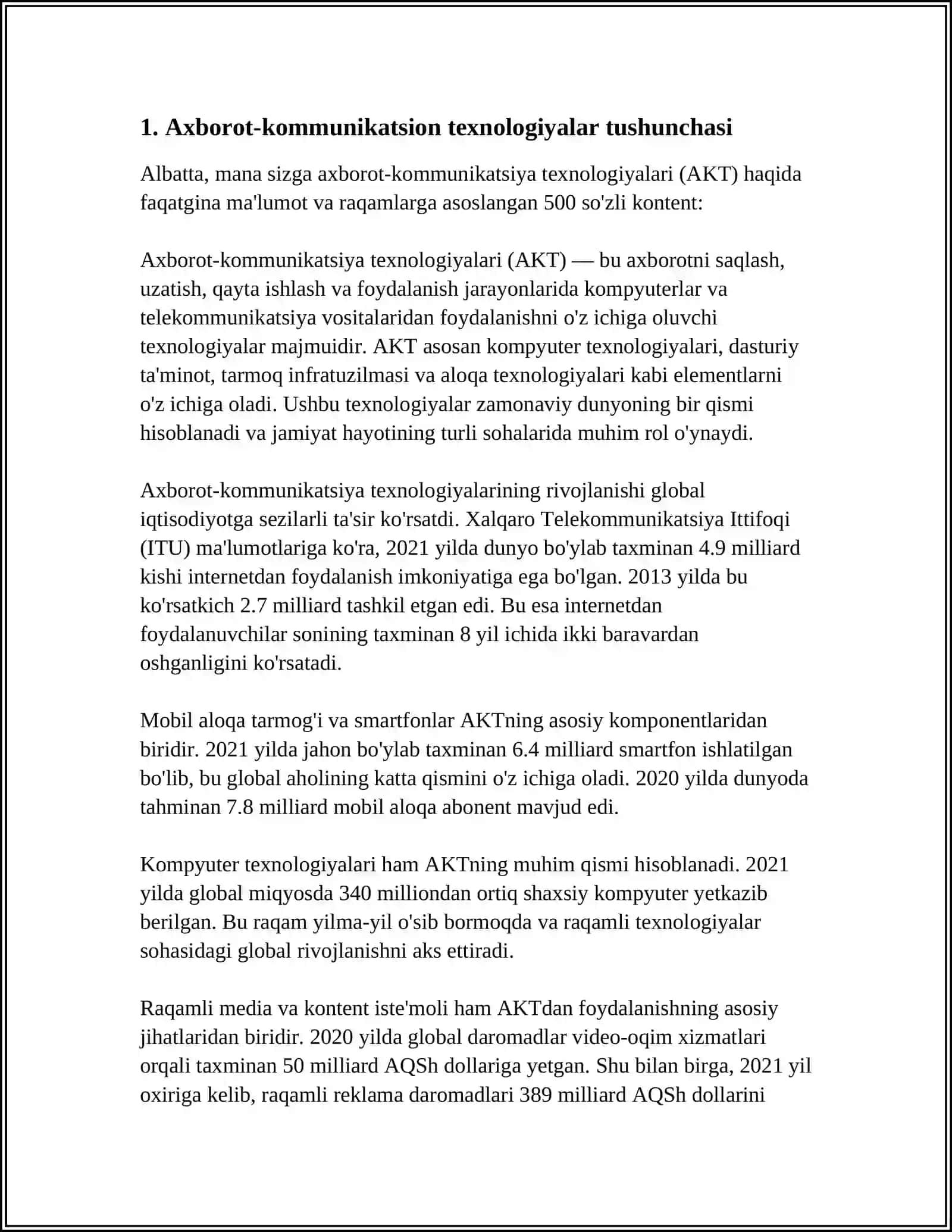 “IQTISODIYOTDA AXBOROT-KOMMUNIKATSION TEXNOLOGIYALAR VA TIZIMLAR” FANIGA KIRISH 4