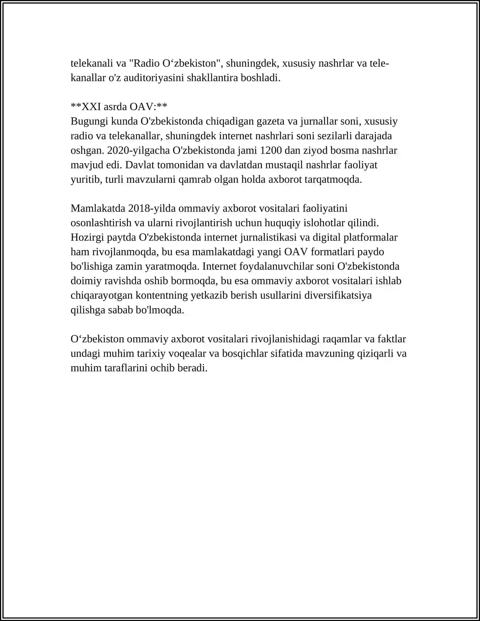 O‘ZBEKISTON RESPUBLIKASI OMMAVIY AXBOROT VOSITALARI FAOLIYATI 4