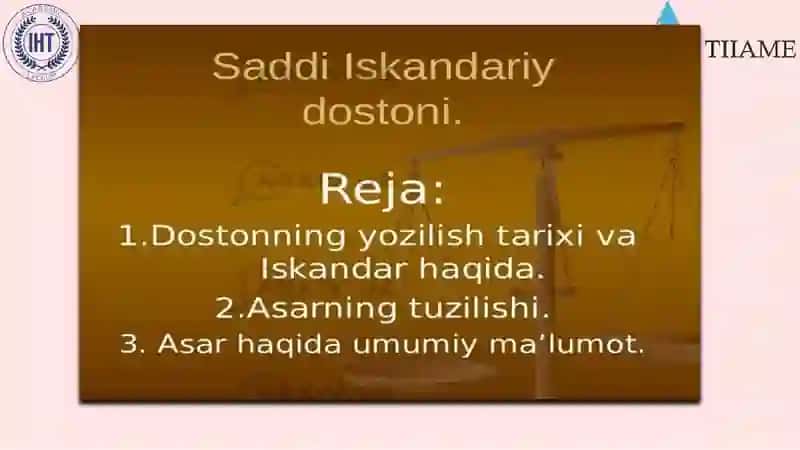 “Saddiiskandariy” dostonining boblar bo`yicha tavsifi 4