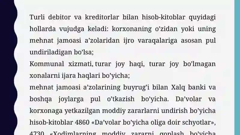TURLI DEBITOR VA KREDITORLAR BILAN HISOBLASHUVLAR HISOBI 4