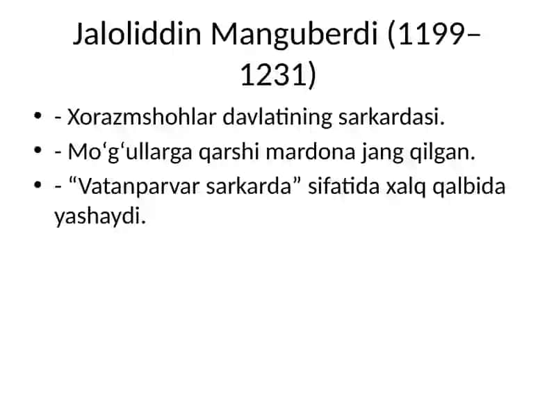 Mamlakatimiz erki va ozodligi yoʻlida kurashganlar ( Shiroq,Spitamen, Jaloliddin Manguberdi) 4