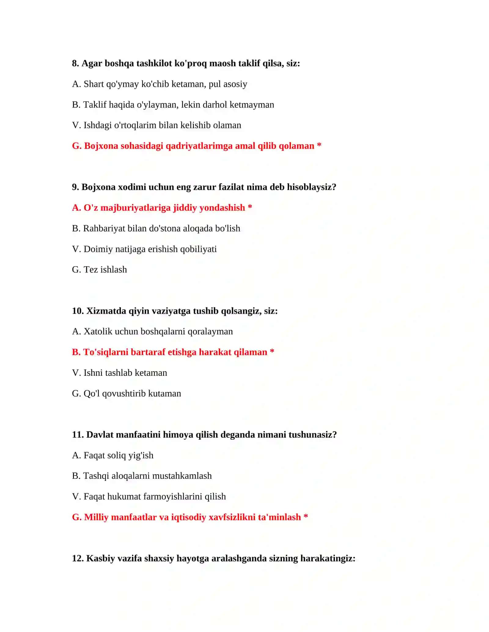 Bojxona akademiyasi test javoblari bilan 4