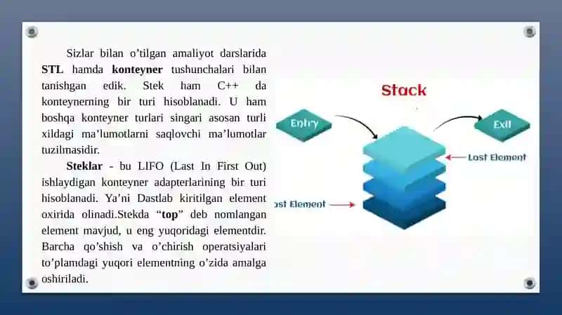 Stek, navbat va dek bilan ishlash algoritmlari va dasturlarini tuzish. 4