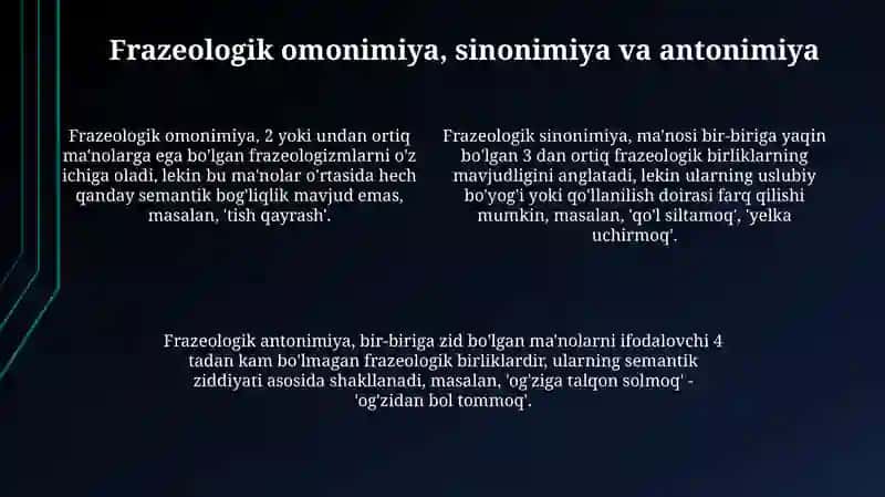 Frazemalarning semantik turlari:omonim,sinonim,amtonimiboralar 4