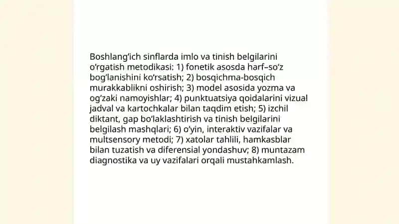 Boshlang‘ich ta’limda imloviy va punktuatsion savodxonlikni oshirish boʻyicha tavsiyalar ishlab chiqish 4