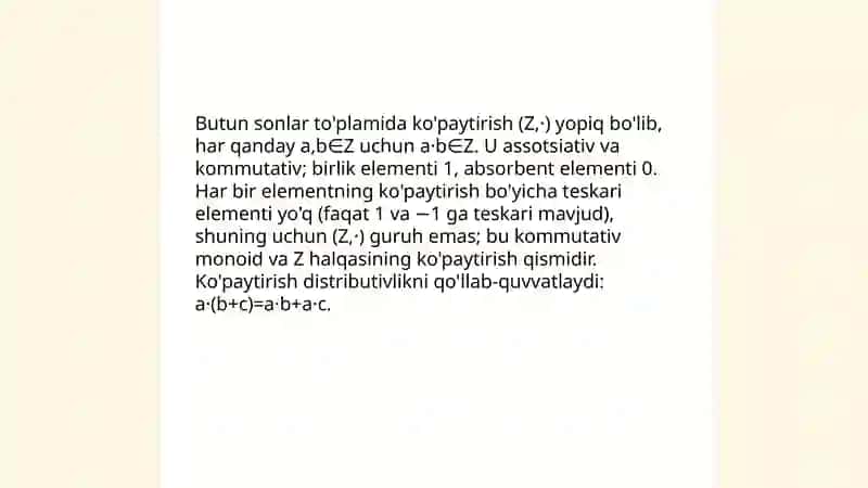 Binar algebraik operatsiyaga misollar 4