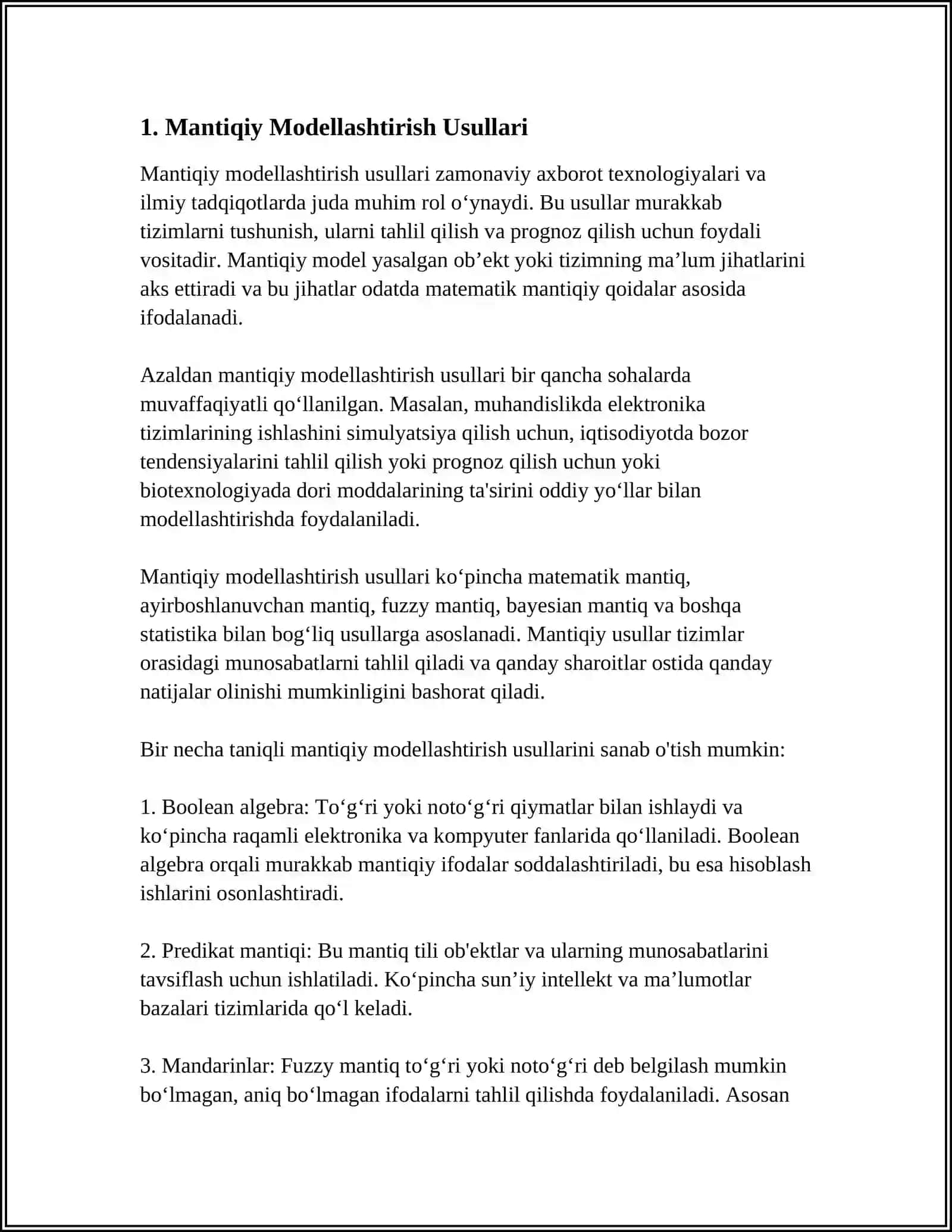 BILIMLAR BAZASIDAGI BILIMLAR ROʼYXATI. BILIMLARNI AKS ETTIRUVCHI USULLAR: MANTIQIY MODELLAR, TARMOQLI, SEMANTIK MODELLAR, FREYMLI MODELLAR, SAN'AT MODELLARI 4