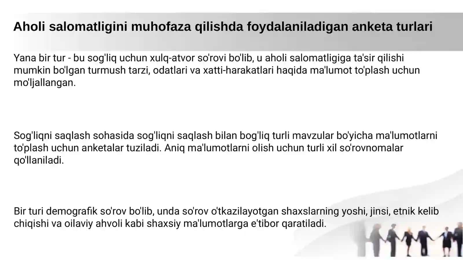 Sog'liqni saqlash sohasida so'rovnomalar tuzish 4