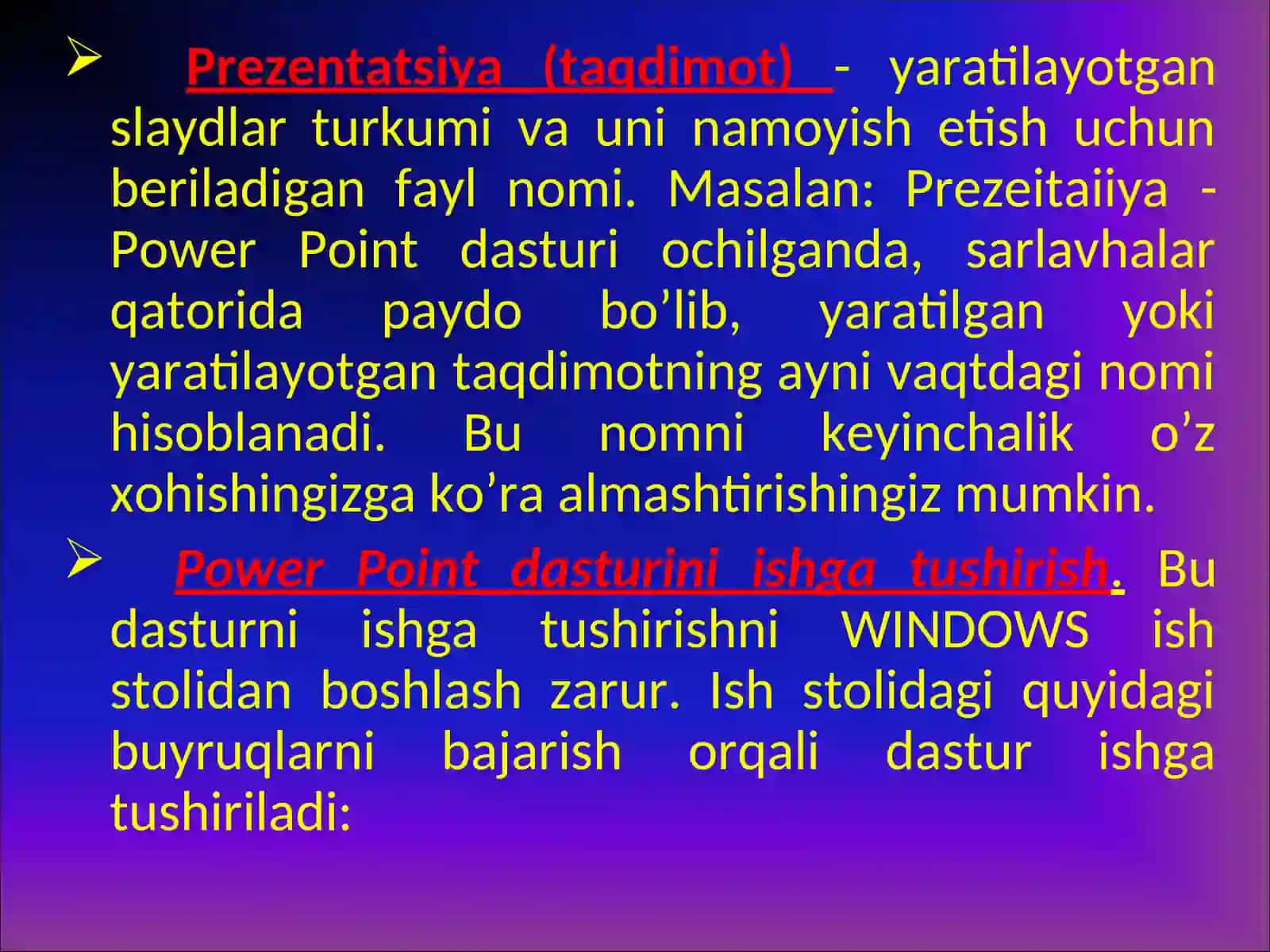 РОWER PОINTDASTURIHAQIDA UMUMIY MA’LUMОTLAR 4