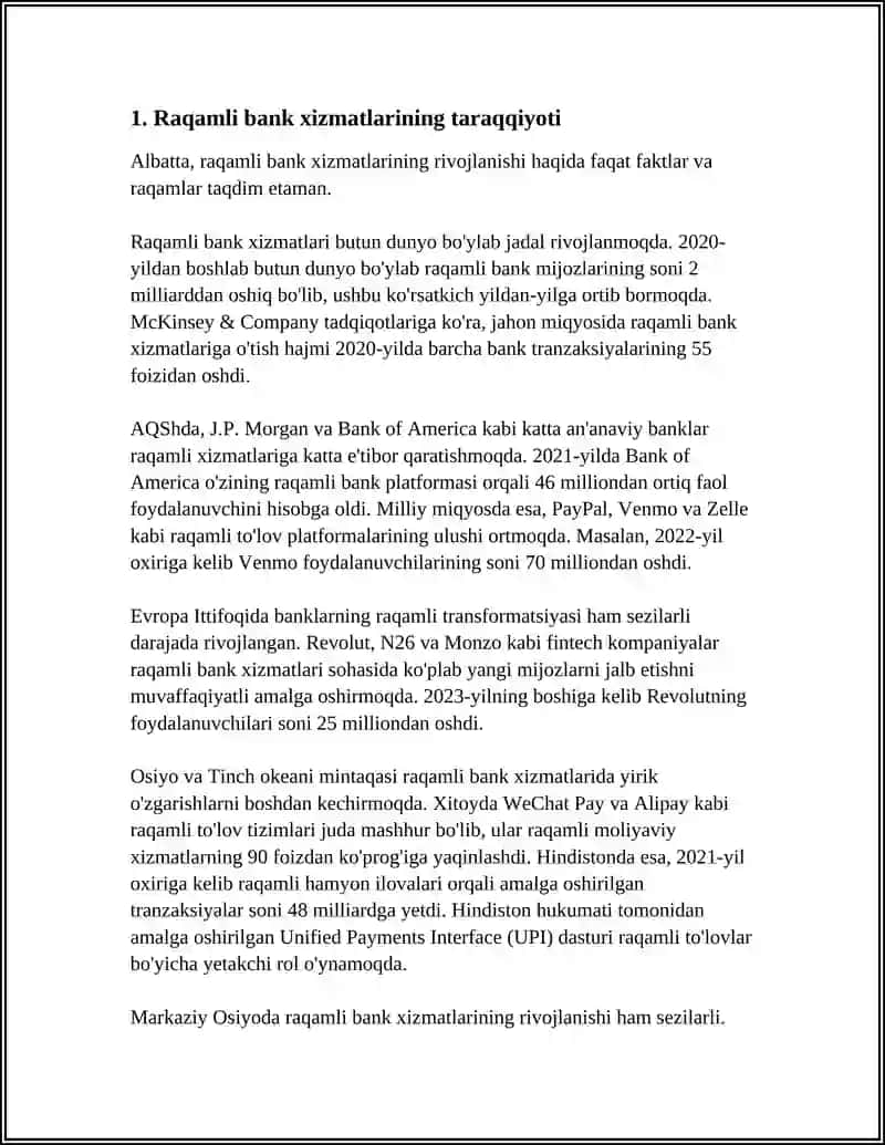 RAQAMLI BANK XIZMATLARI: ZAMONAVIY MOLIYA BOZORIDAGI AHAMIYATI VA ISTIQBOLLARI 4
