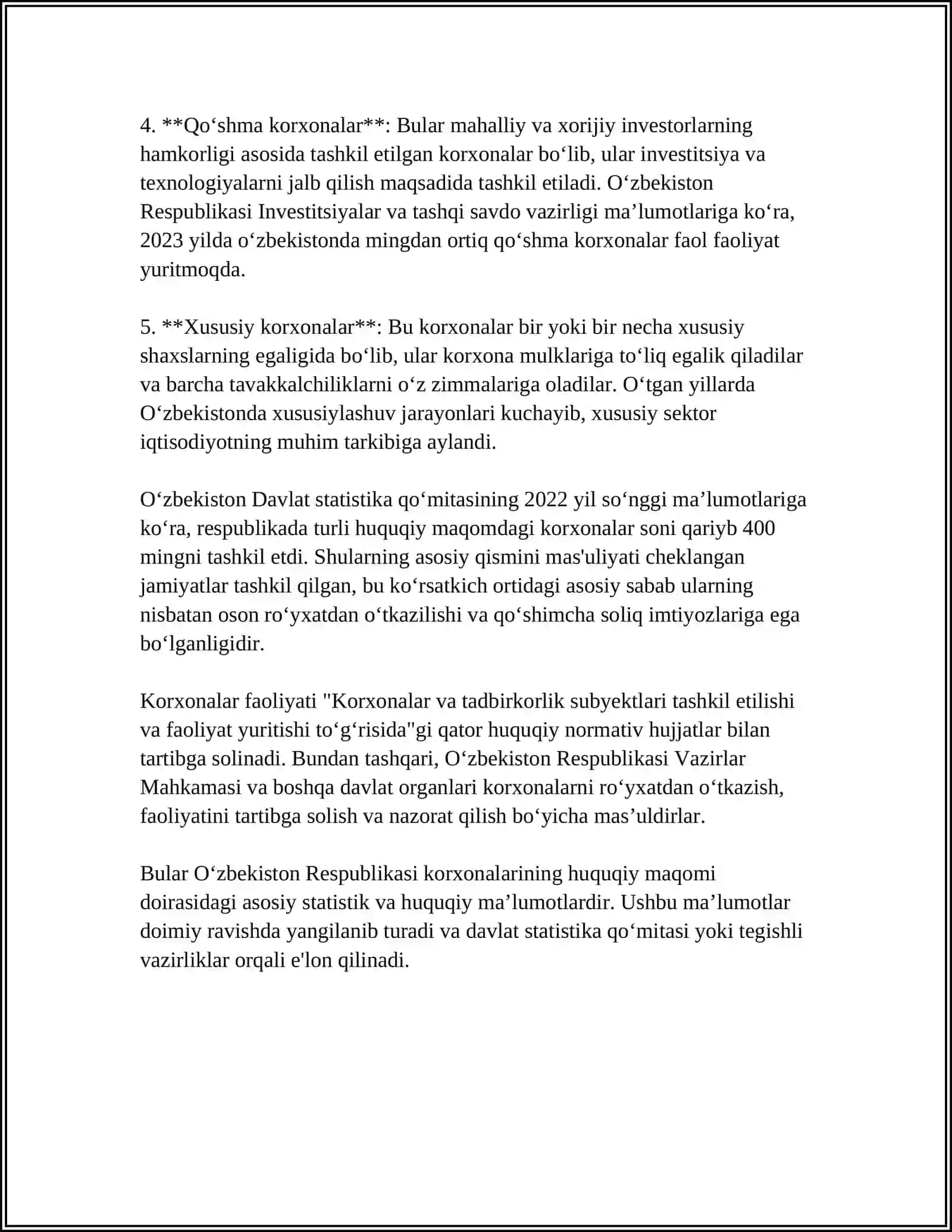OʻZBEKISTON RESPUBLIKASI "KORXONALARINING MAZMUNI VA MOHIYATI" HAQIDA 4