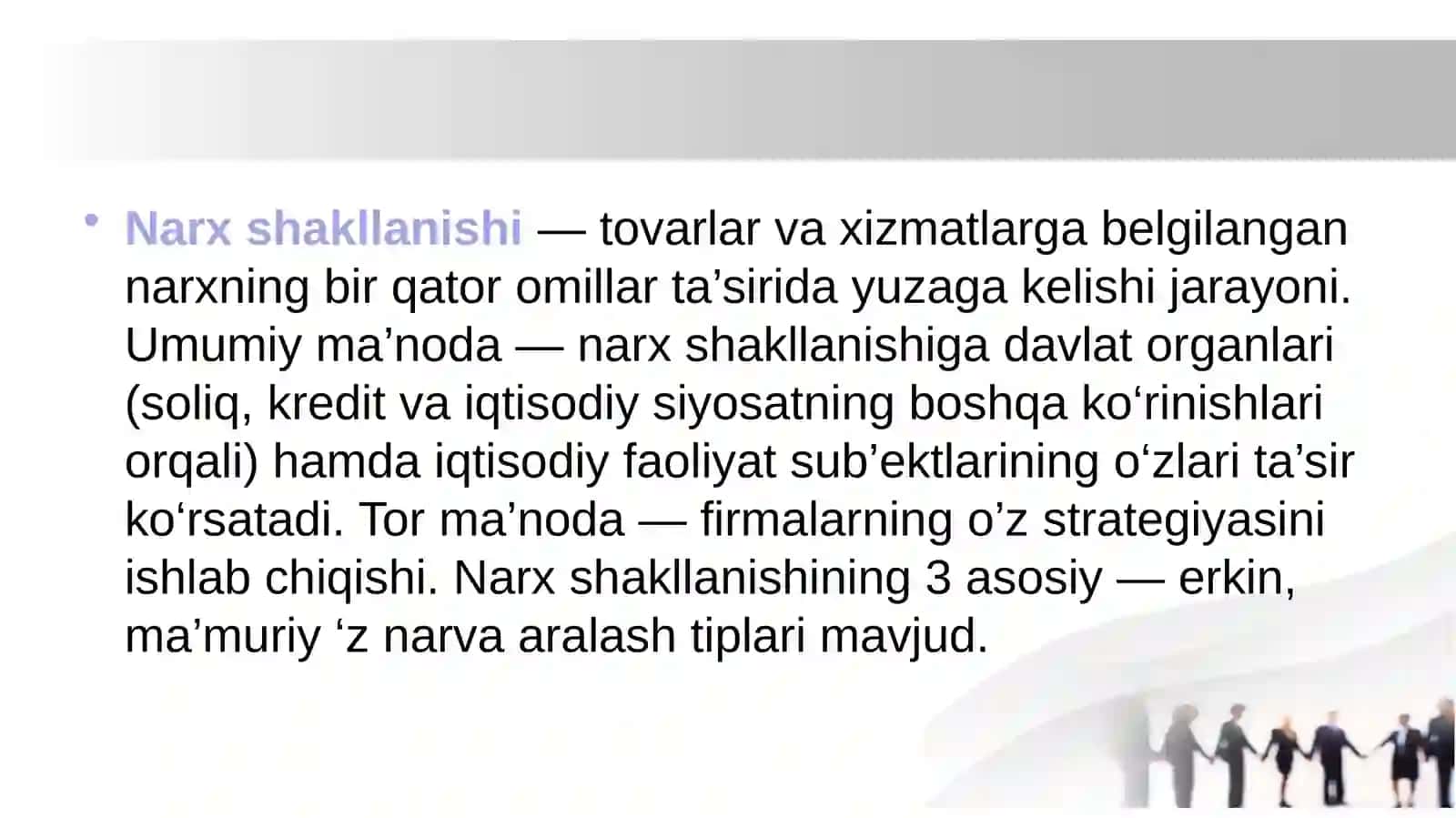 Bozor hokimiyati sharoitida narx belgilash tamoyillari. 4