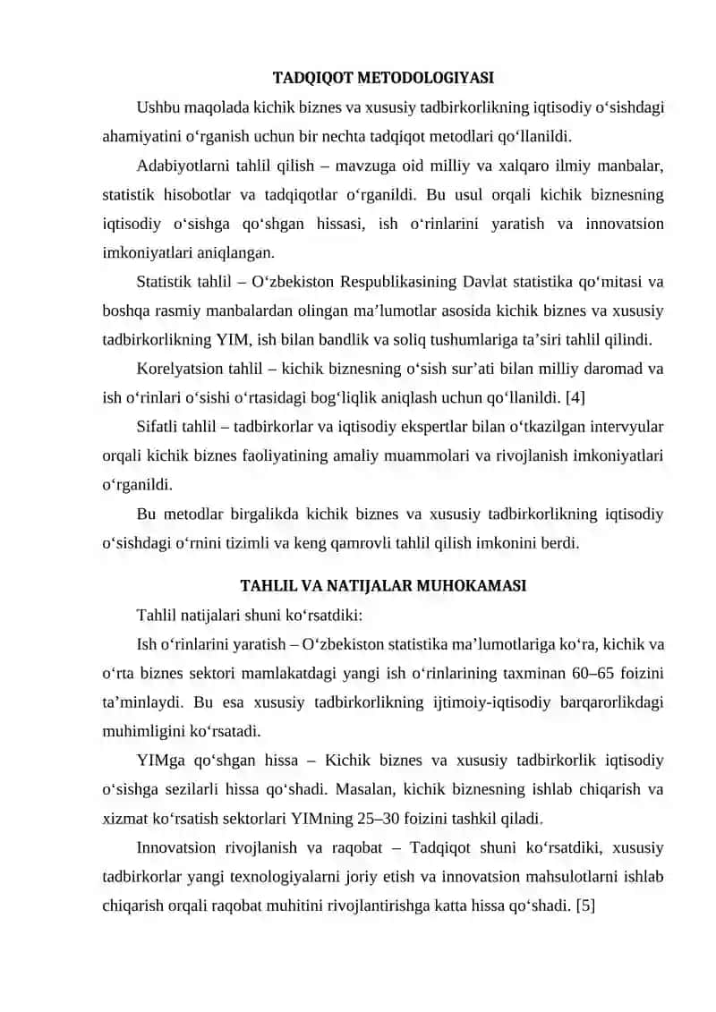 Kichik biznes va xususiy tadbirkorlikning iqtisodiy o‘sishdagi ahamiyati 4